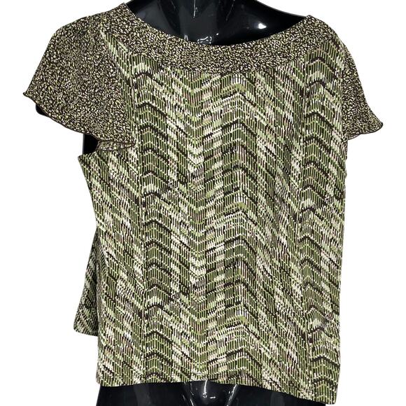 Y2K Charter Club Top XL Green Abstract Nylon V-Neck Short Sleeves Vintage - Picture 2 of 4